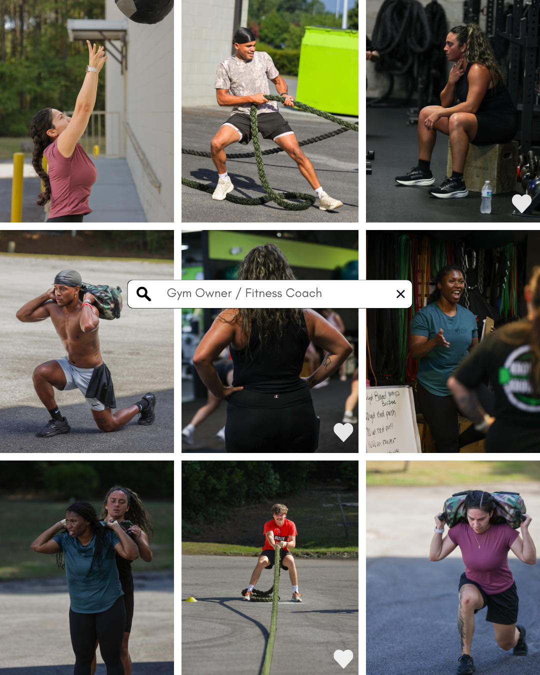 A collage of diverse gym members and fitness coaches performing various strength and cardio exercises outdoors and indoors.