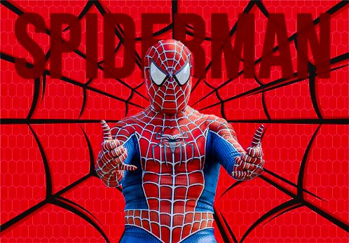 Spider-Man swings through a dramatic red-tinted montage showing various action poses against a shattered background effect.