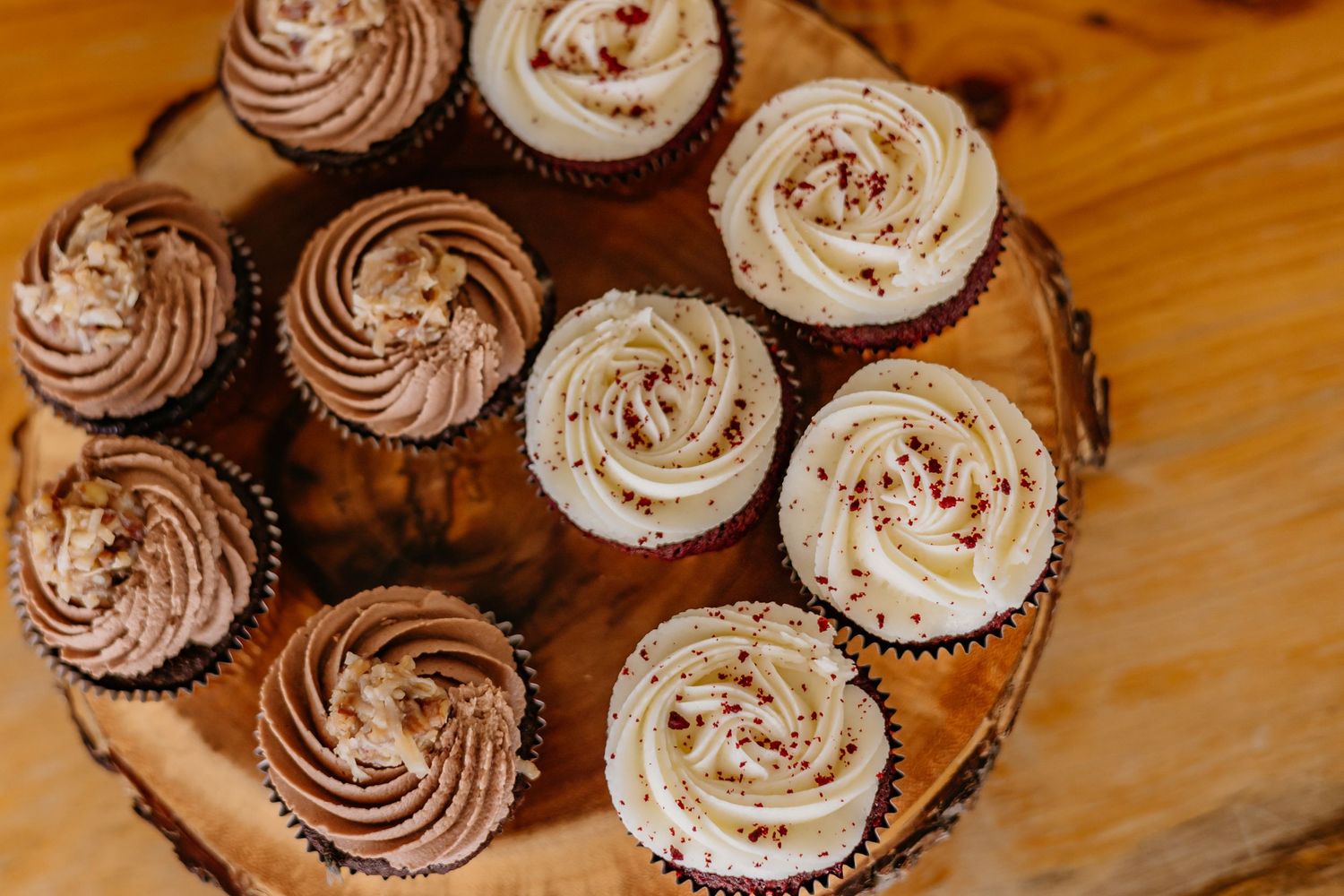 Chocolate cupcakes with swirled frosting arranged on wooden surface for dessert service.