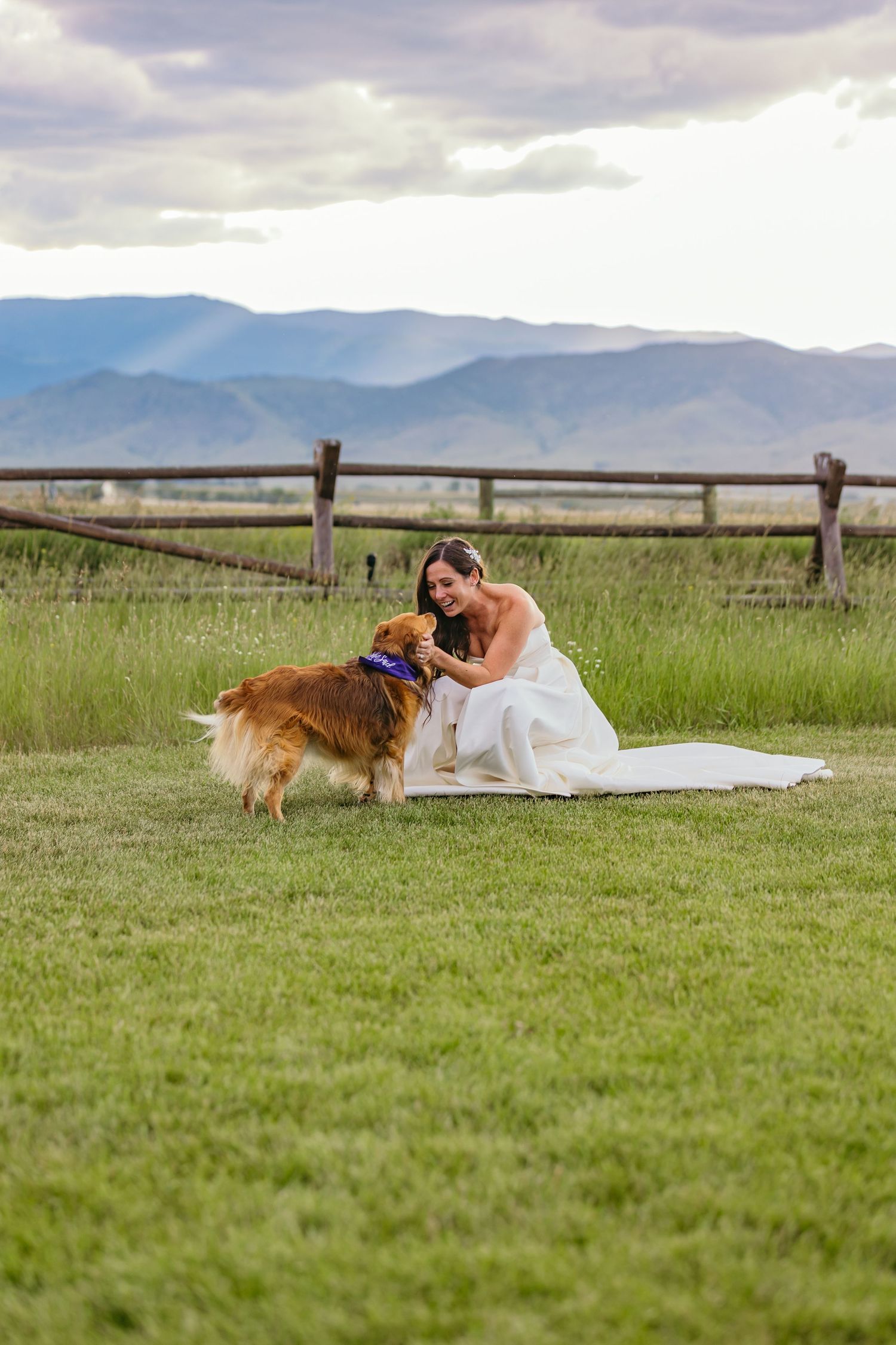 A person in a white dress lying in a grassy field with a golden retriever dog against a mountain backdrop.