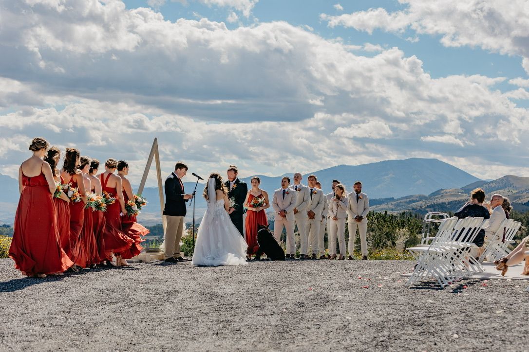 Wedding party in red and gray attire posed against mountain landscape.