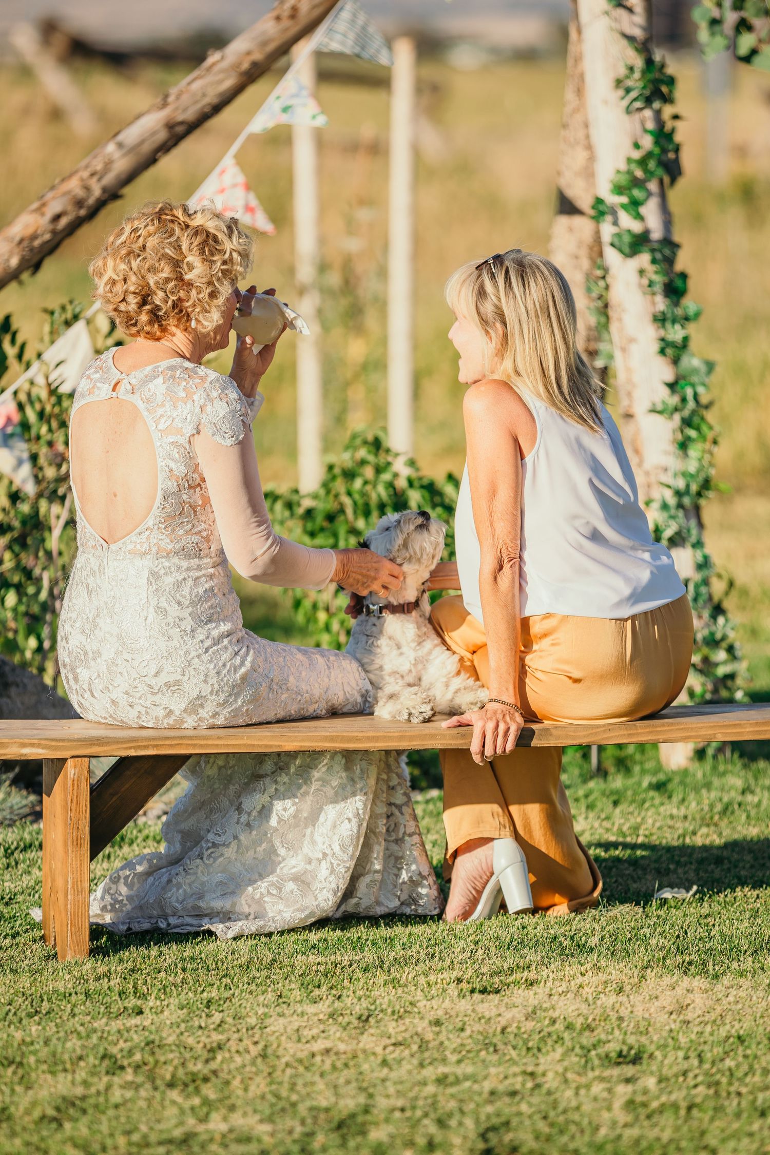 People sitting on wooden benches in an outdoor garden setting during golden hour.