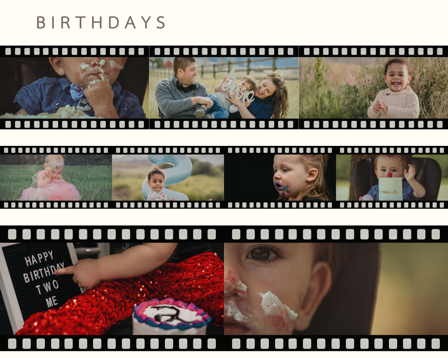 Film strip style photo collage showing birthday party moments with cake, candles, and celebration scenes.