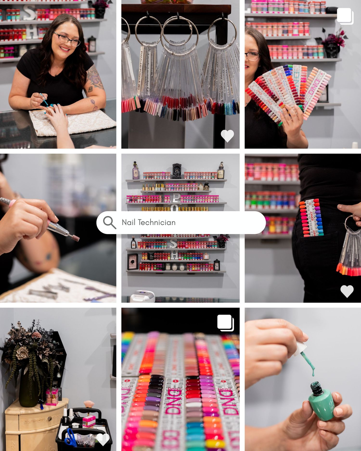 Nail salon photo grid showcasing colorful polish displays, services and beauty products.