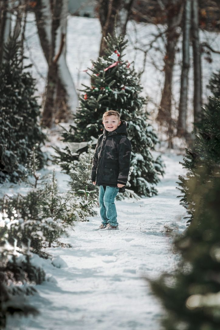 Child stands among snow-covered evergreen trees during winter photoshoot.