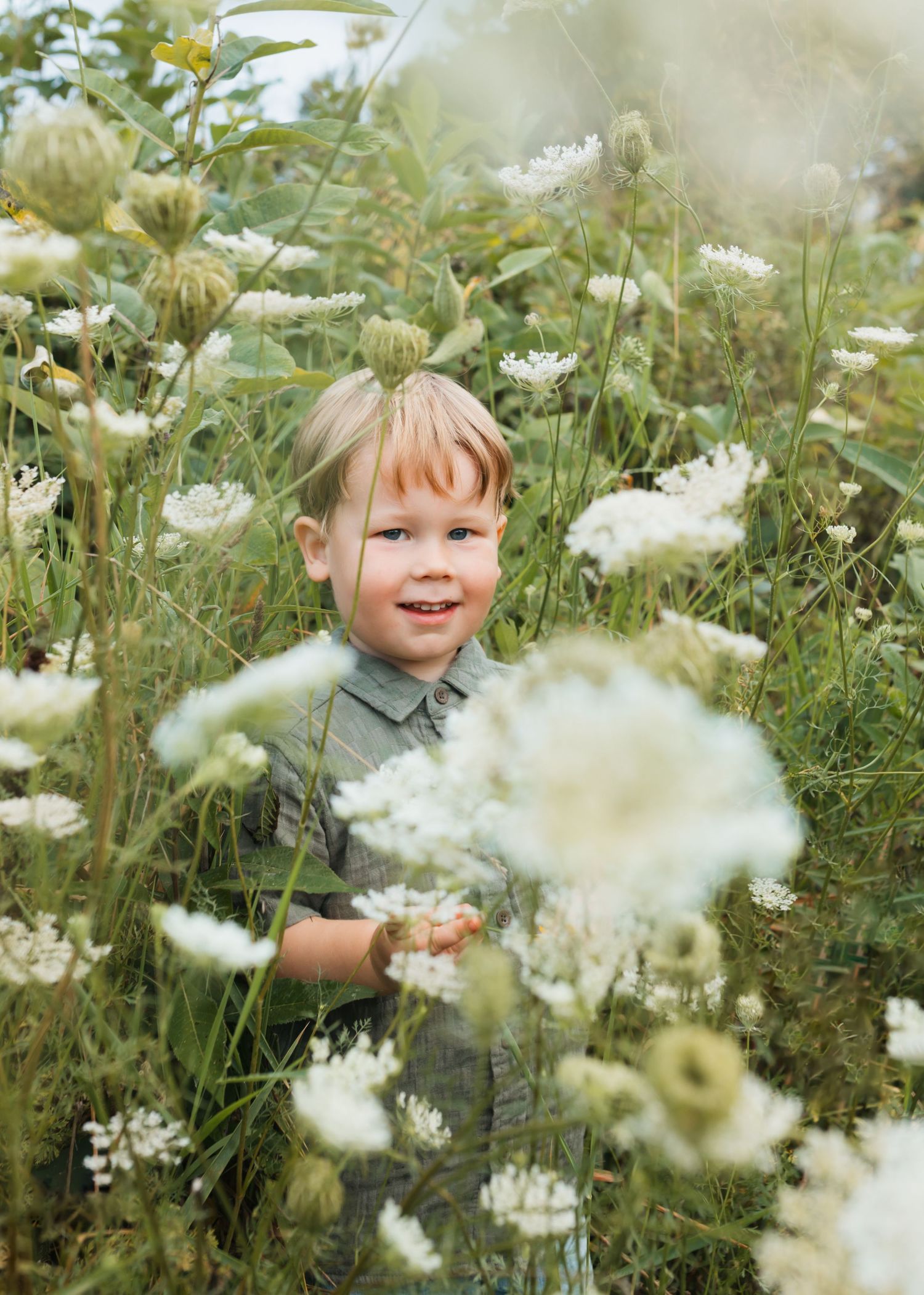 Child playing among blooming white wildflowers in a summer meadow.