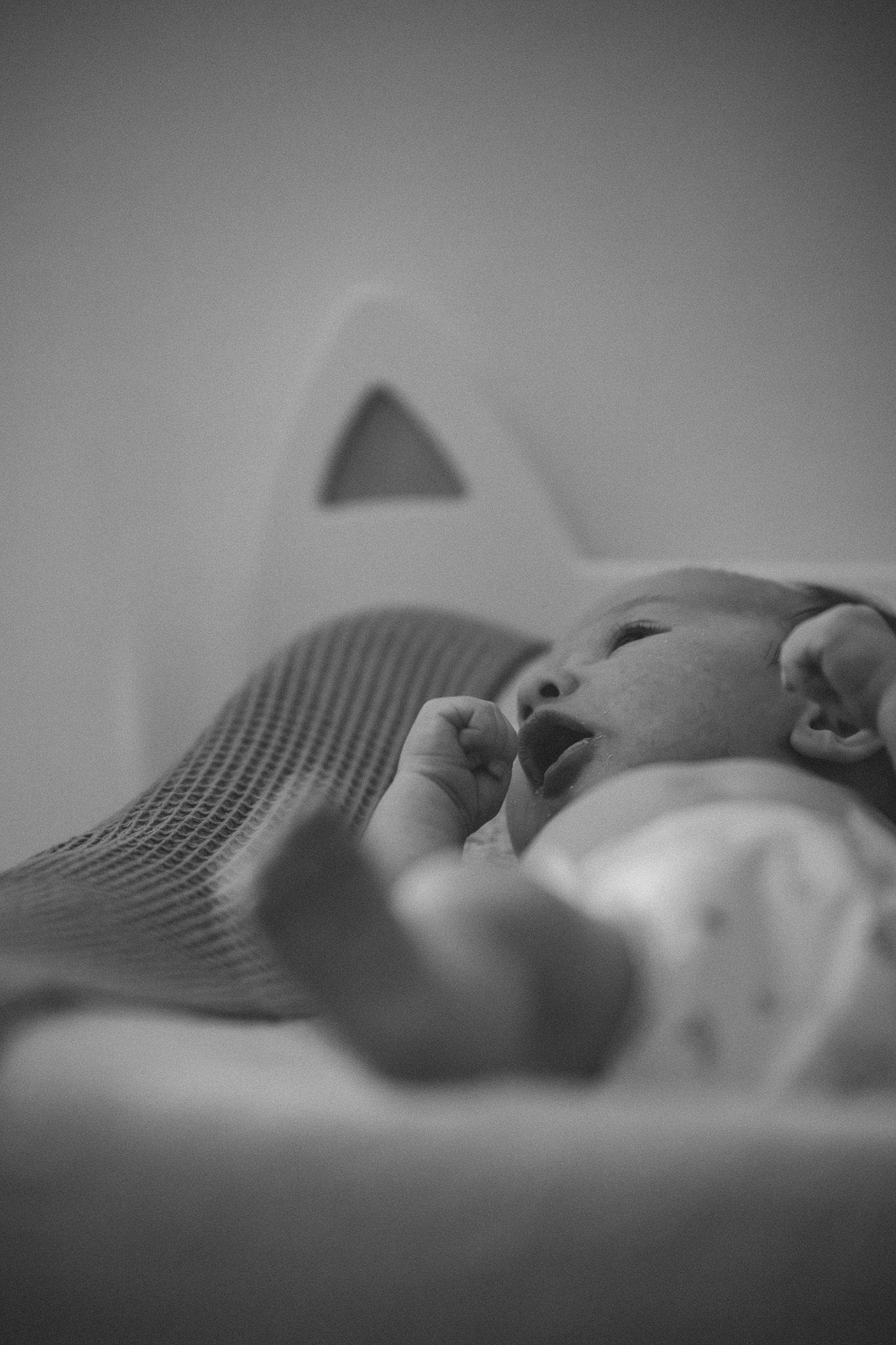 Black and white portrait of a peaceful newborn baby lying on a knitted blanket.