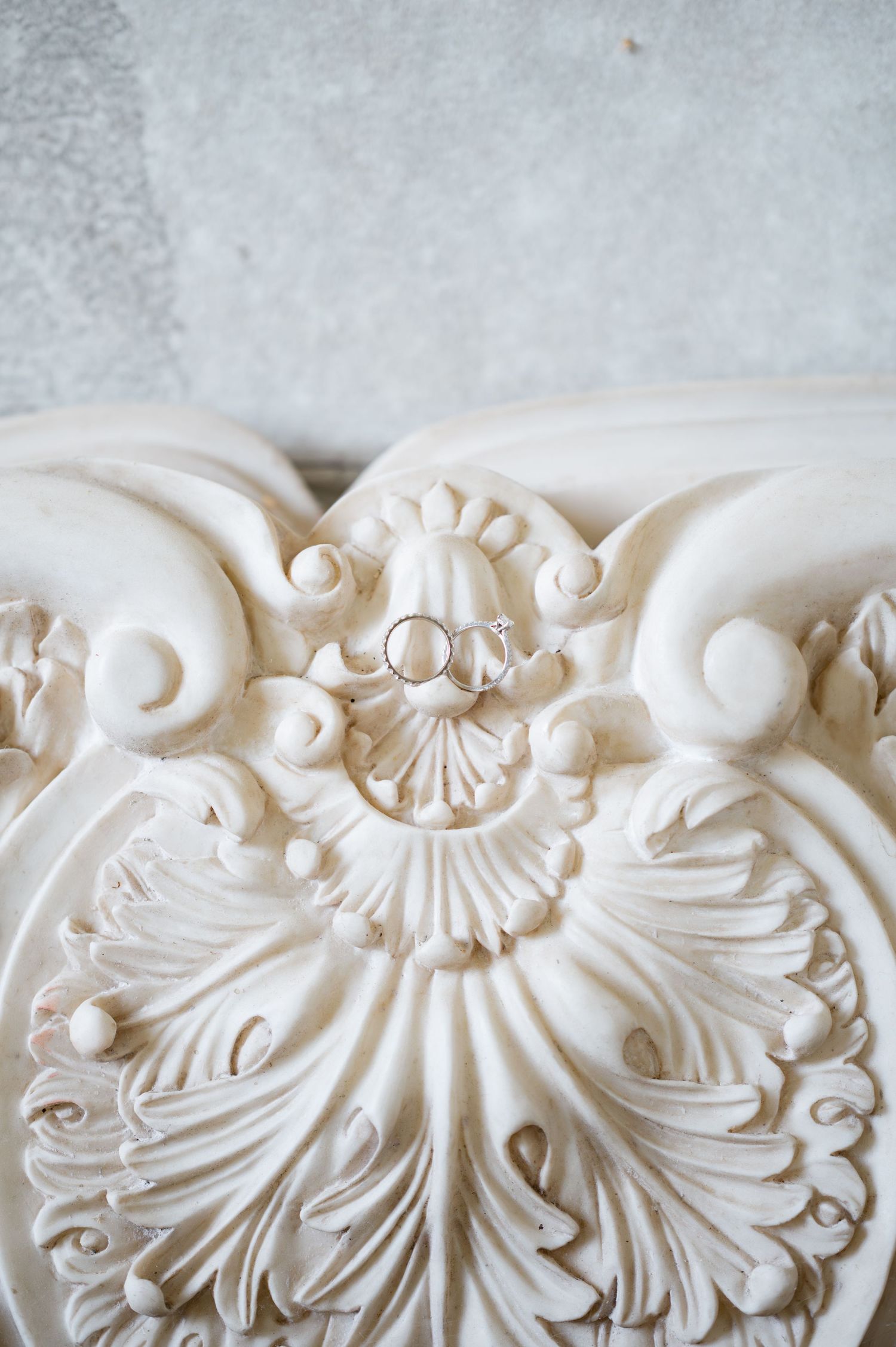 Two gold wedding bands resting in ornate white plaster decorative architectural rosette.