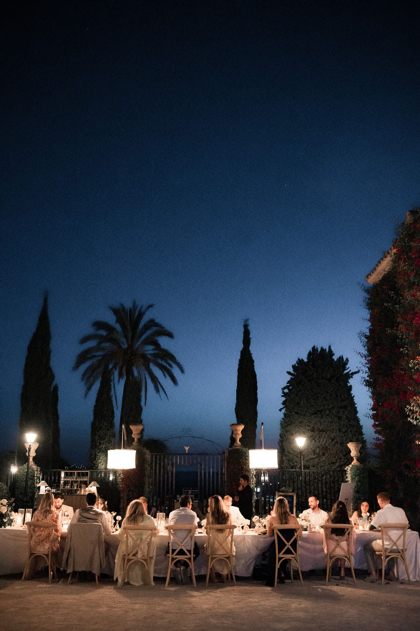 Elegant outdoor wedding reception dinner at dusk with guests seated at long table, cypress trees and palm silhouettes against deep blue sky.