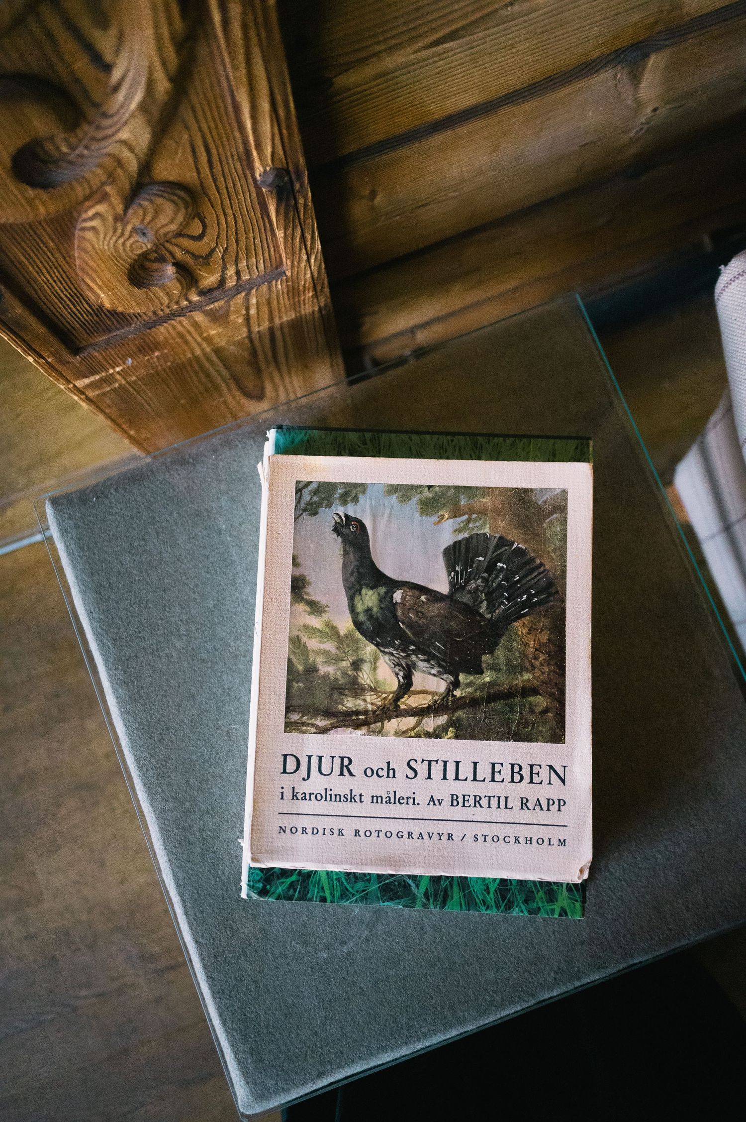 Vintage Swedish book Djur och Stilleben by Bertil Rapp with bird cover on green surface.