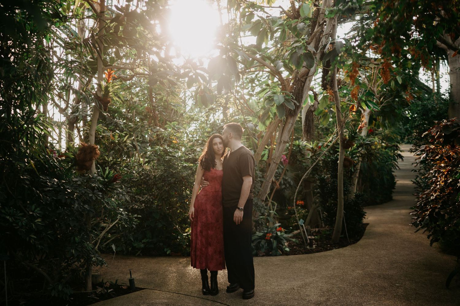 Romantic couple embracing in a sunlit botanical greenhouse surrounded by lush tropical trees and warm golden light.