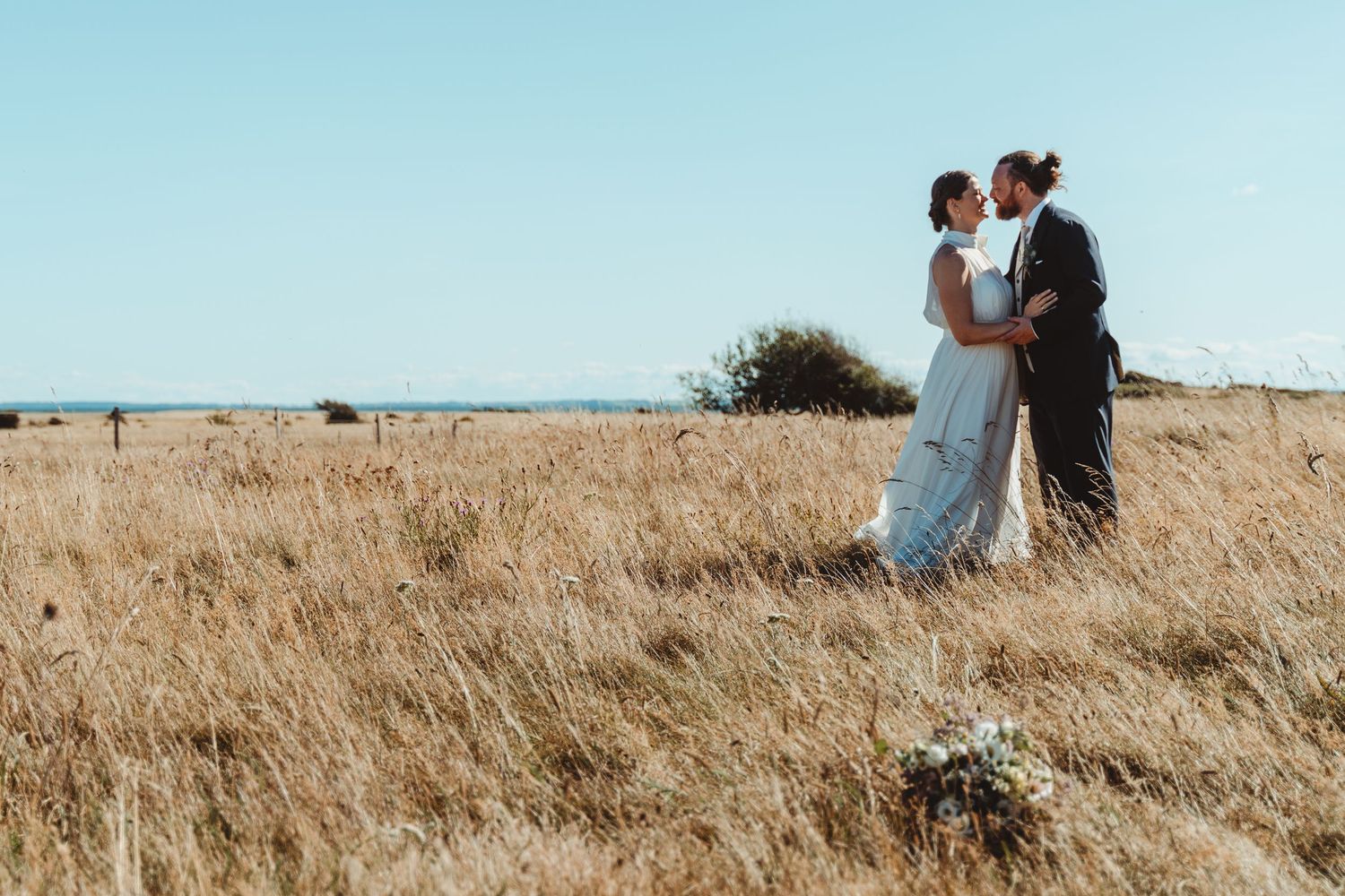 Newlywed couple kissing in a sunlit field by the Danish coast