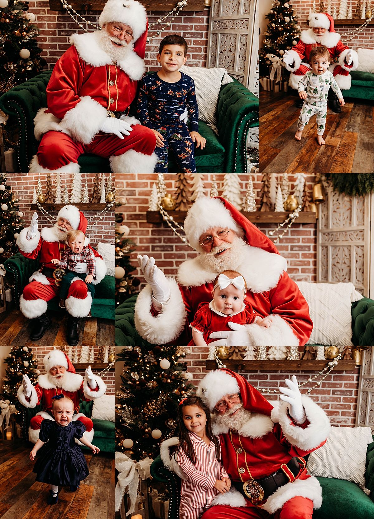 A collage of holiday photos featuring festive decorations, a green velvet chair, and traditional Christmas scenes in a brick room.