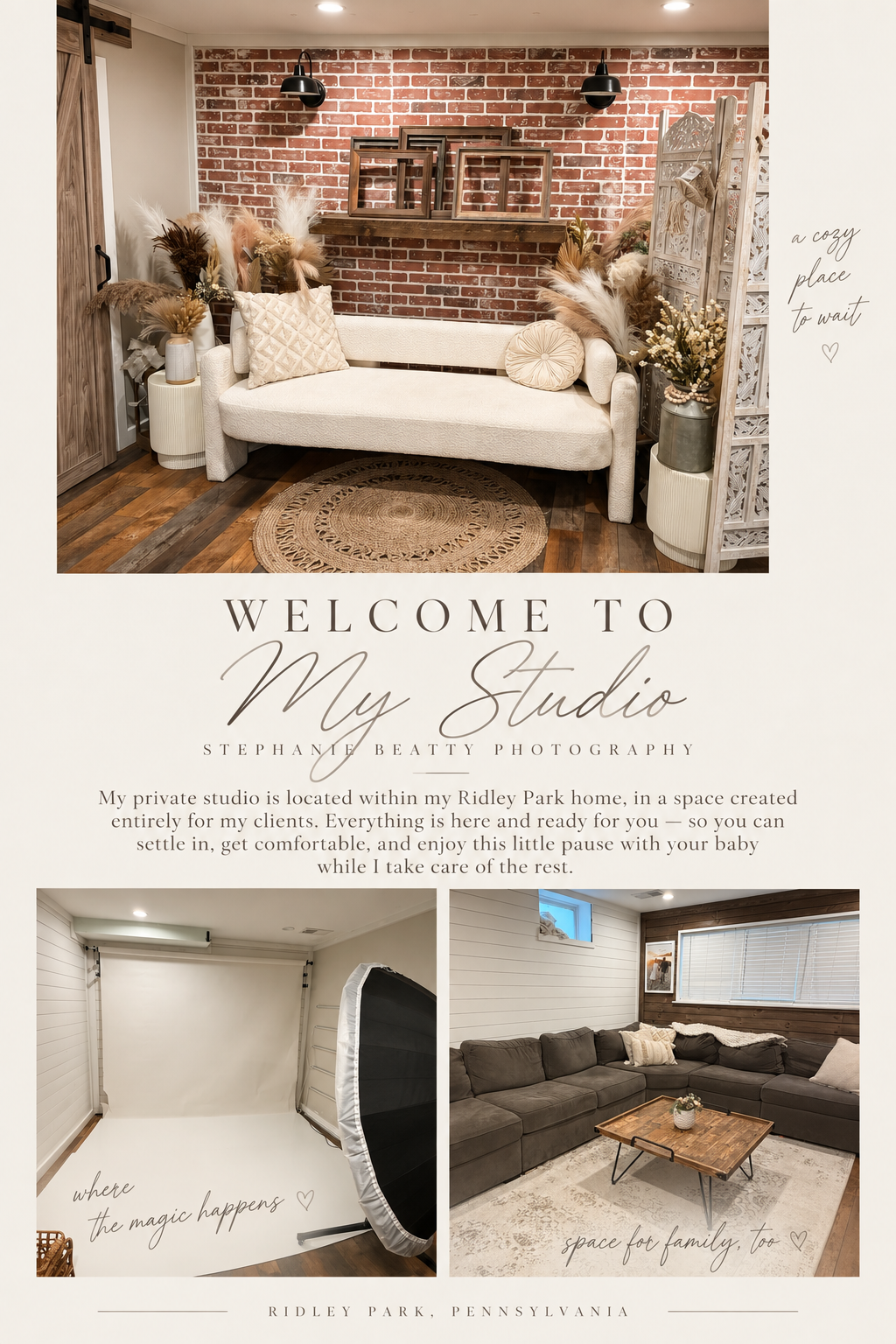 Cozy photography studio in Ridley Park, PA with brick wall, white sofa, boho decor, and a family lounge area.