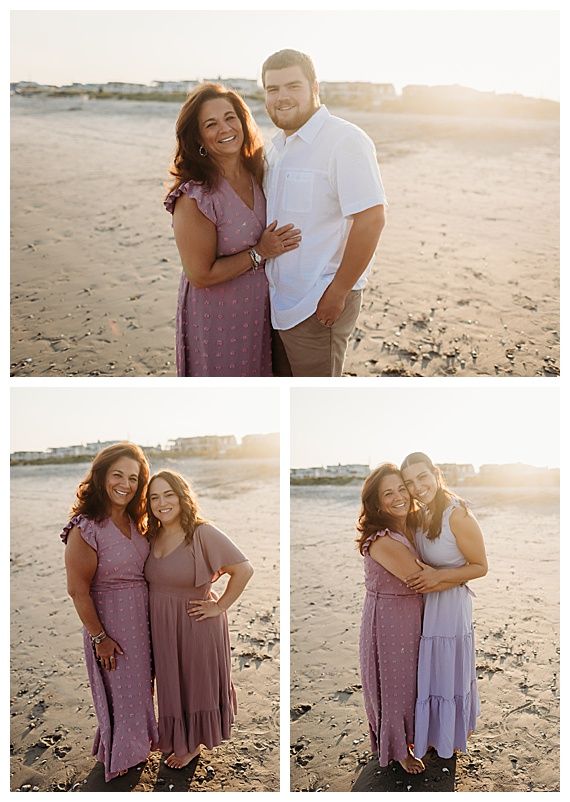 A couple shares a romantic moment on the beach at sunset while wearing matching mauve and white summer outfits.