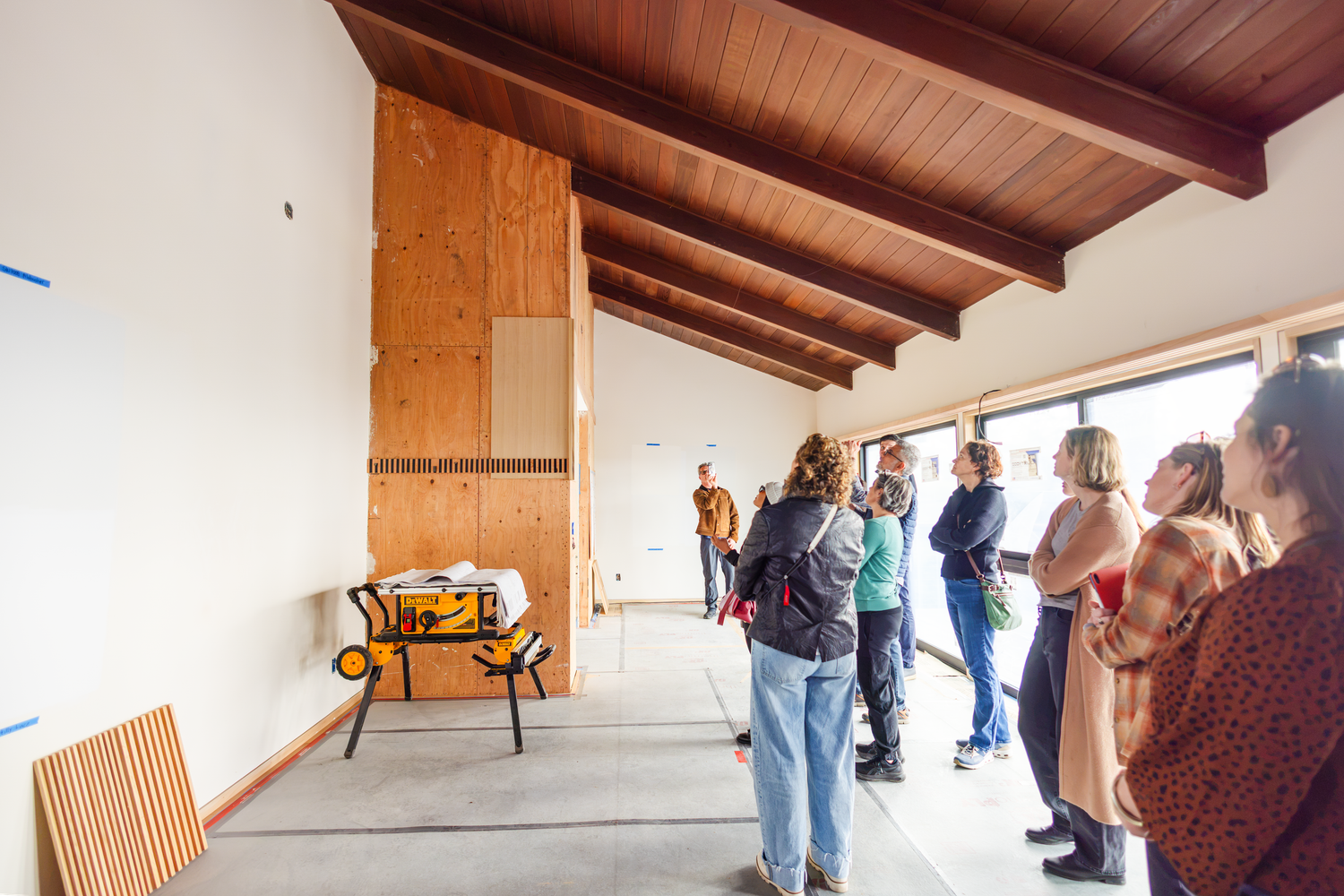 Living room under construction in a home in Berkeley, California, photographed for Berkeley-based architect.