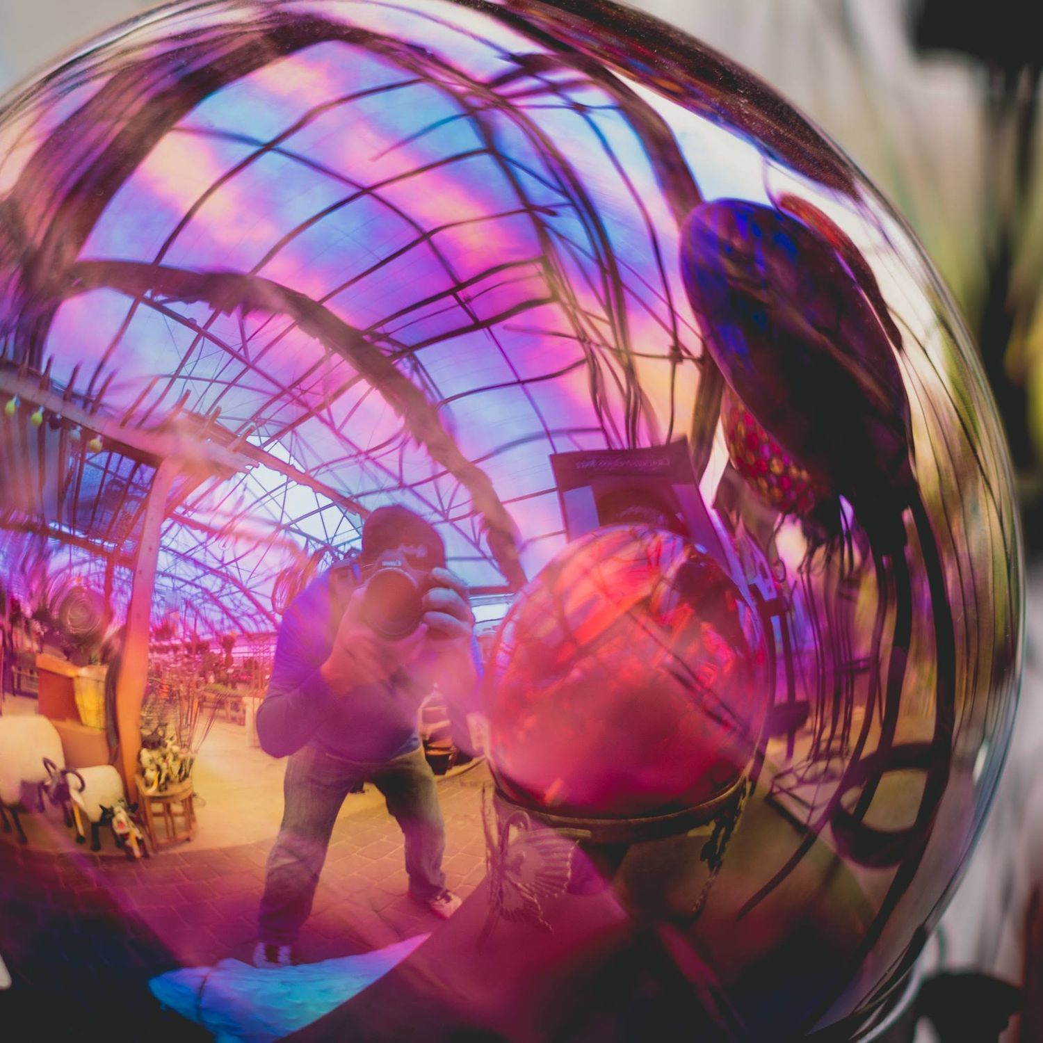 a reflection of photographer karl haglund in a glass ball in iowa