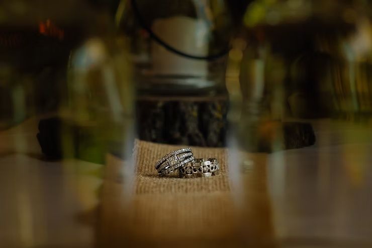 wedding rings on table