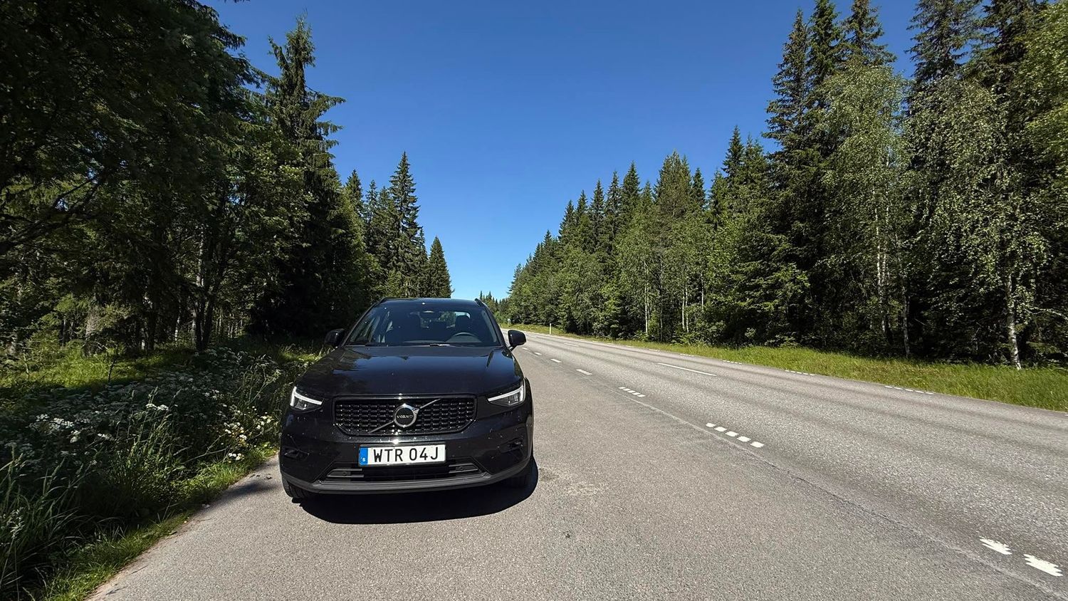 rental car parked along a forest road in sweden