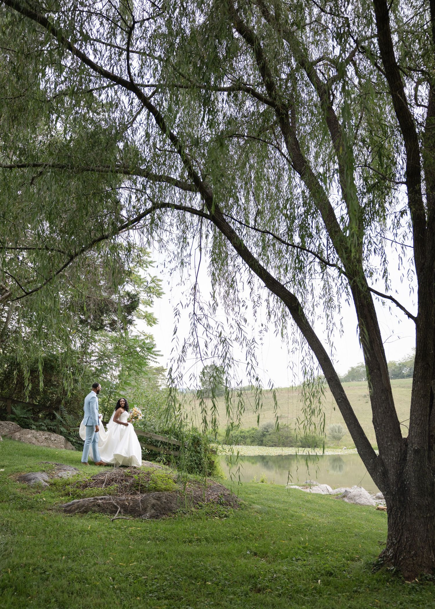 Wedding couple stands beneath a weeping willow tree by a pond in a lush green countryside setting.