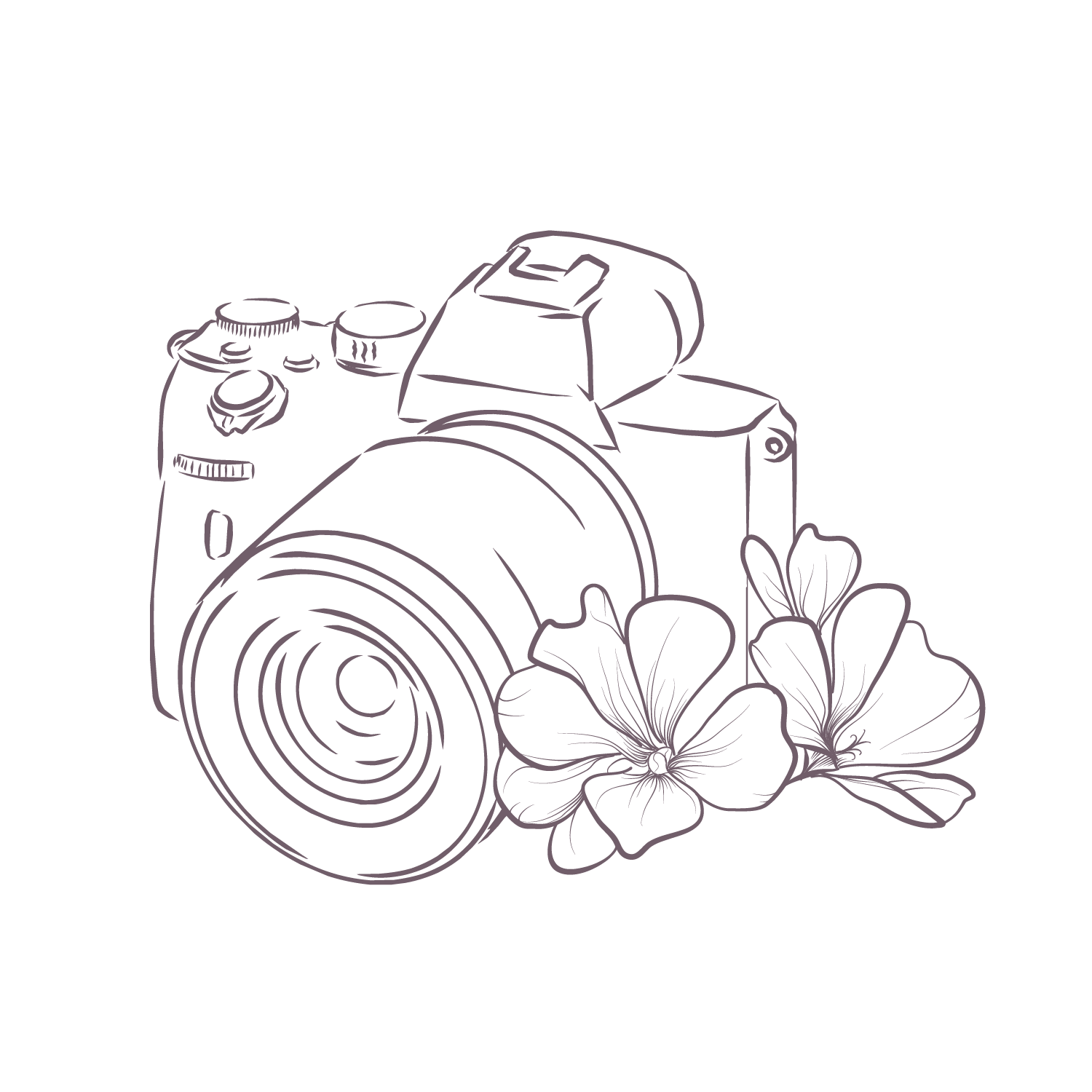 Line art sketch of a DSLR camera with decorative flowers, minimalist outline drawing in black and white.