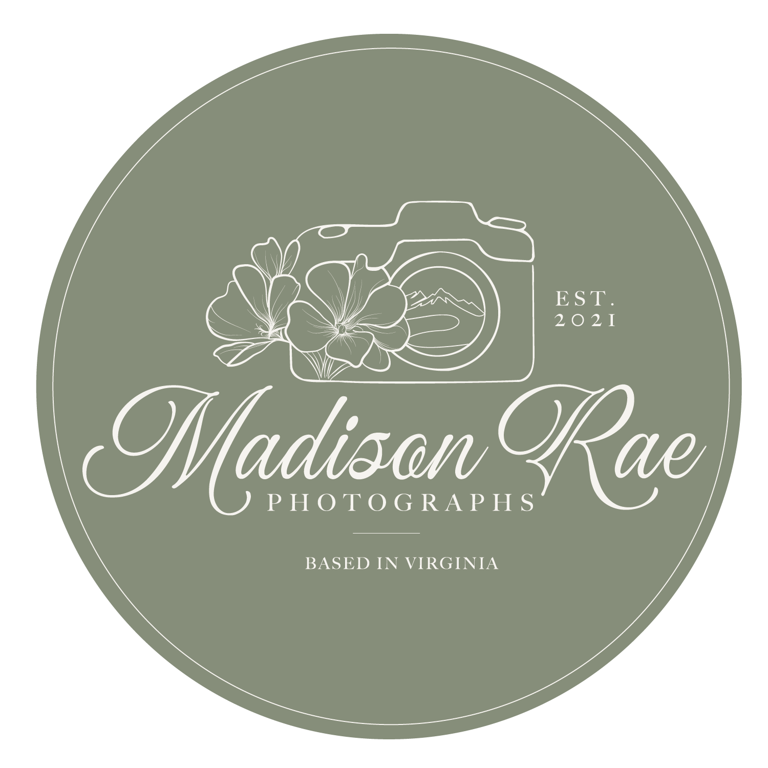 Madison Rae Photographs logo, a sage green circle with floral camera illustration, established 2021, based in Virginia.