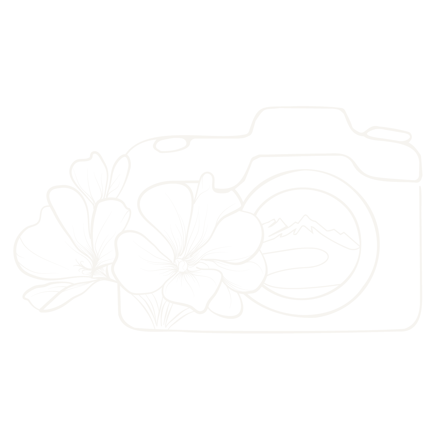 White outline illustration of a camera with tropical hibiscus flowers on a white background.
