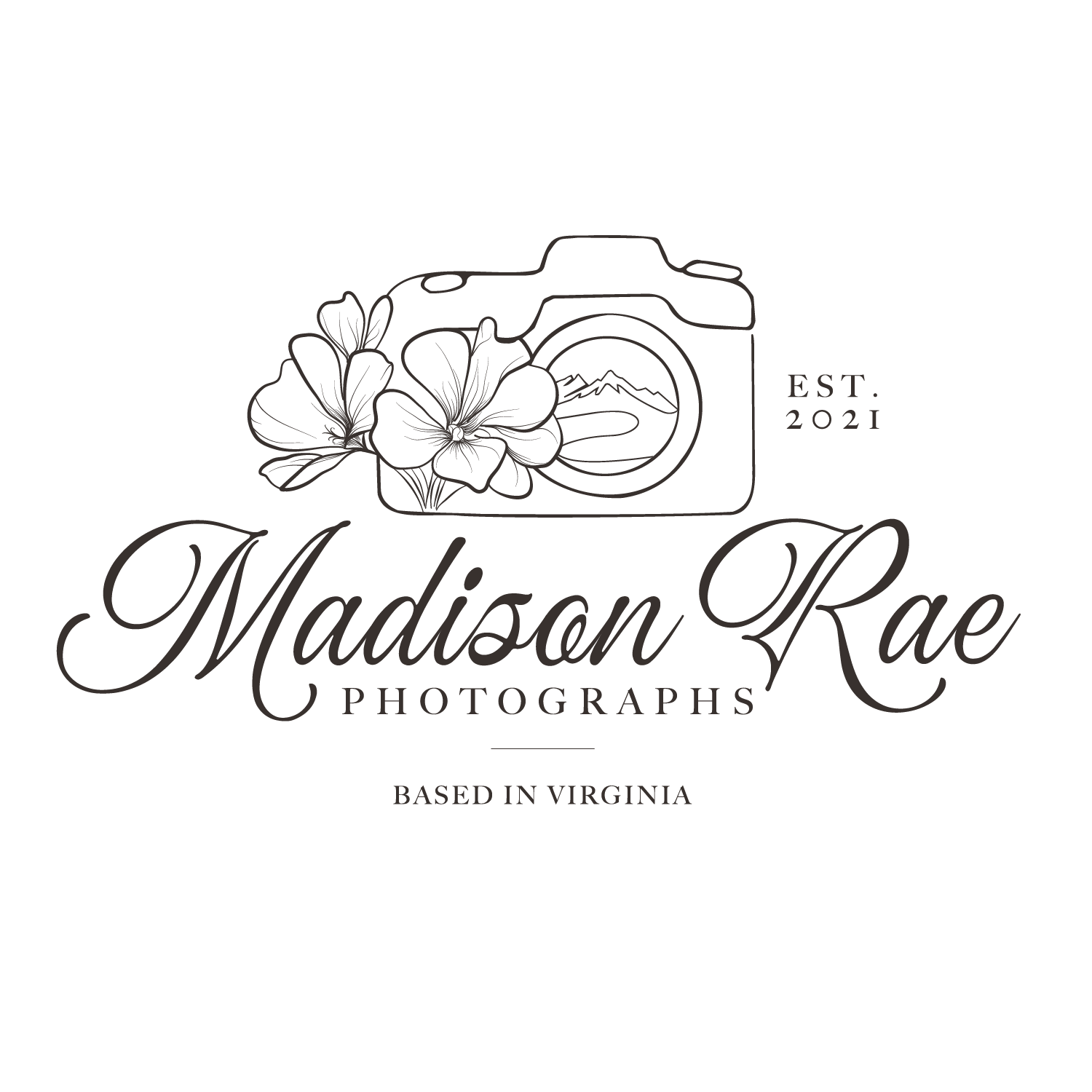 Logo for Madison Rae Photographs, featuring a camera with floral accents, established 2021, based in Virginia.
