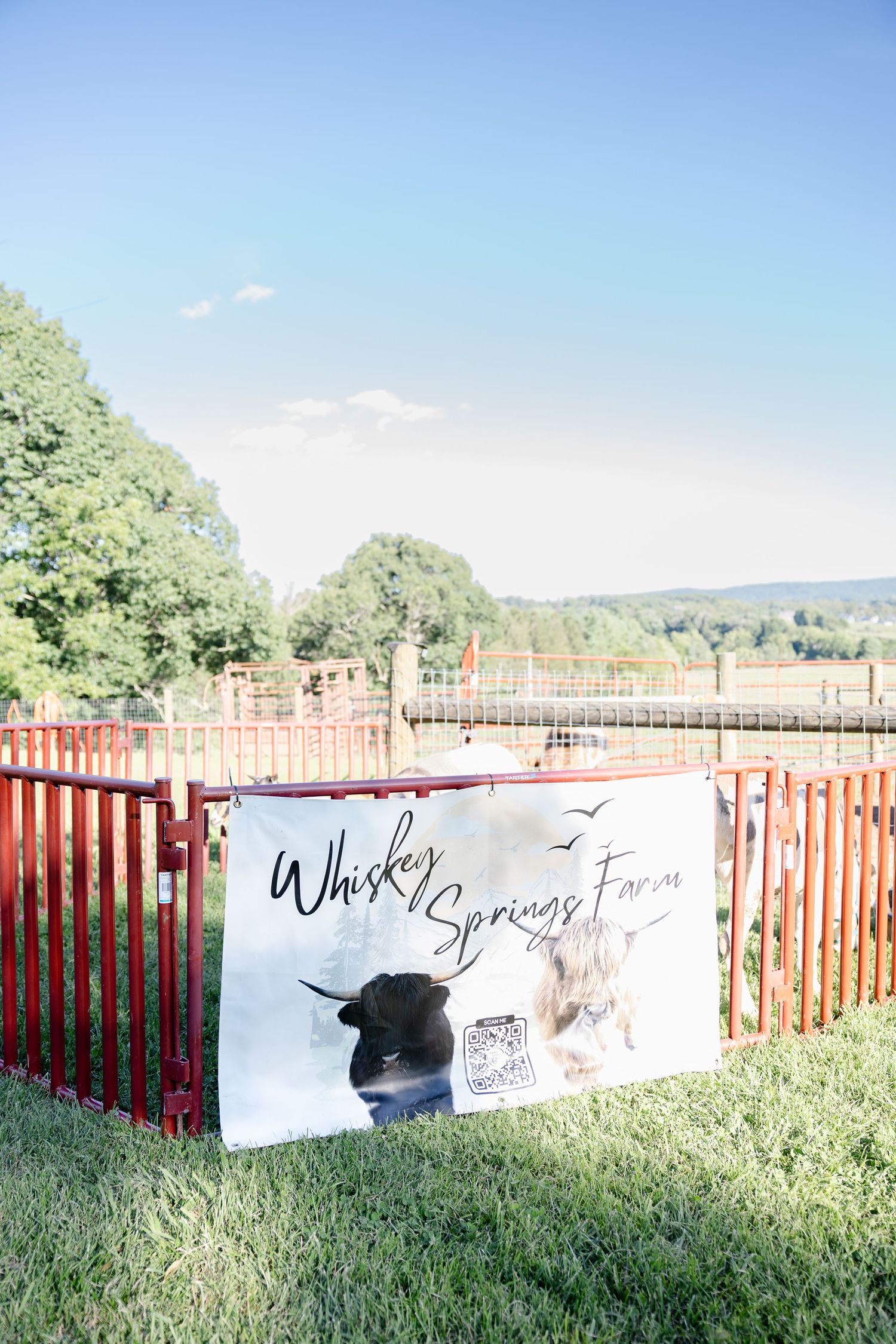Whiskey Springs Farm banner displayed on red fence with trees and blue sky.