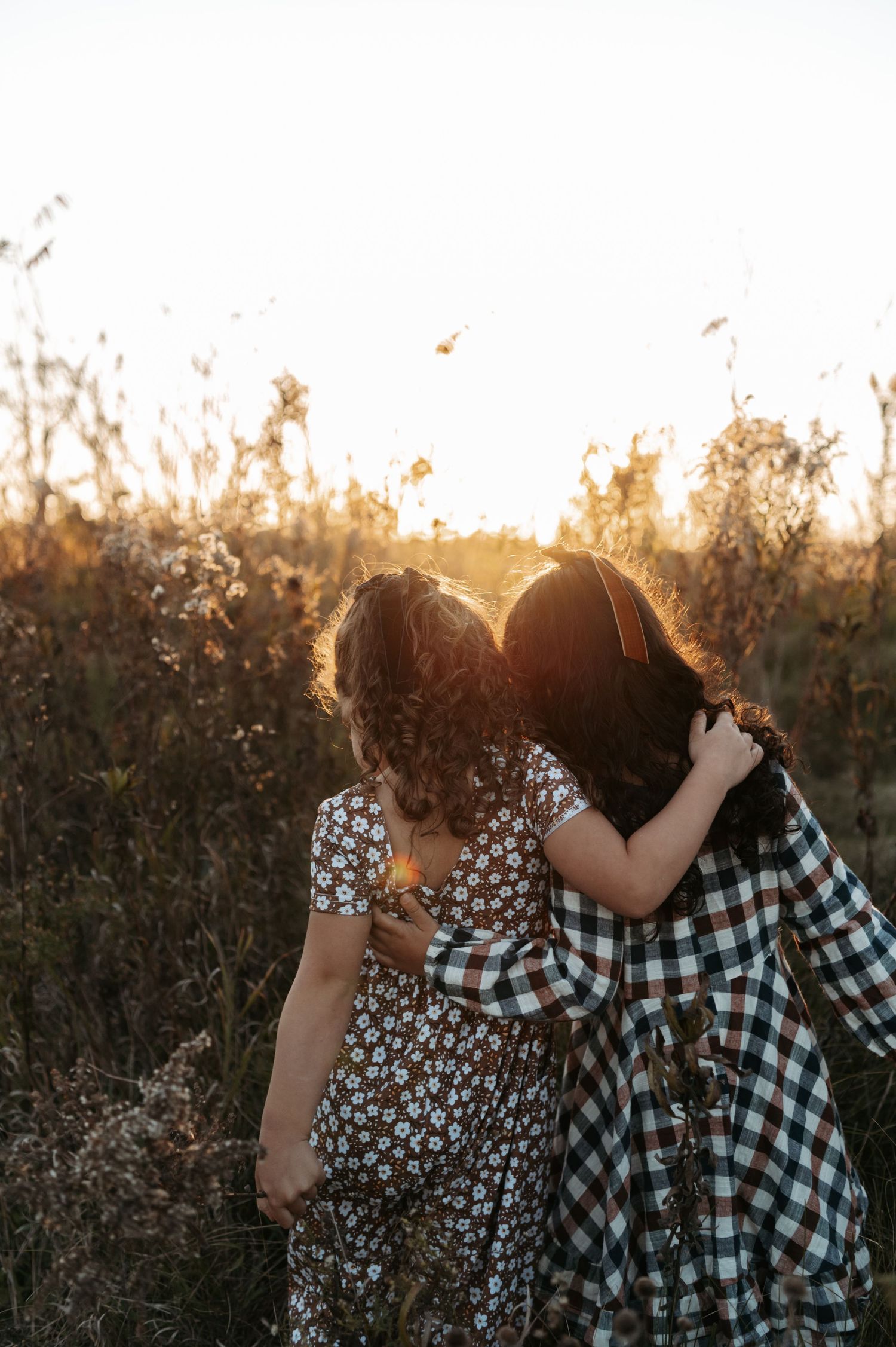 Two young sisters embracing in a golden sunlit field during sunset family portrait session. Hudson, Wisconsin.