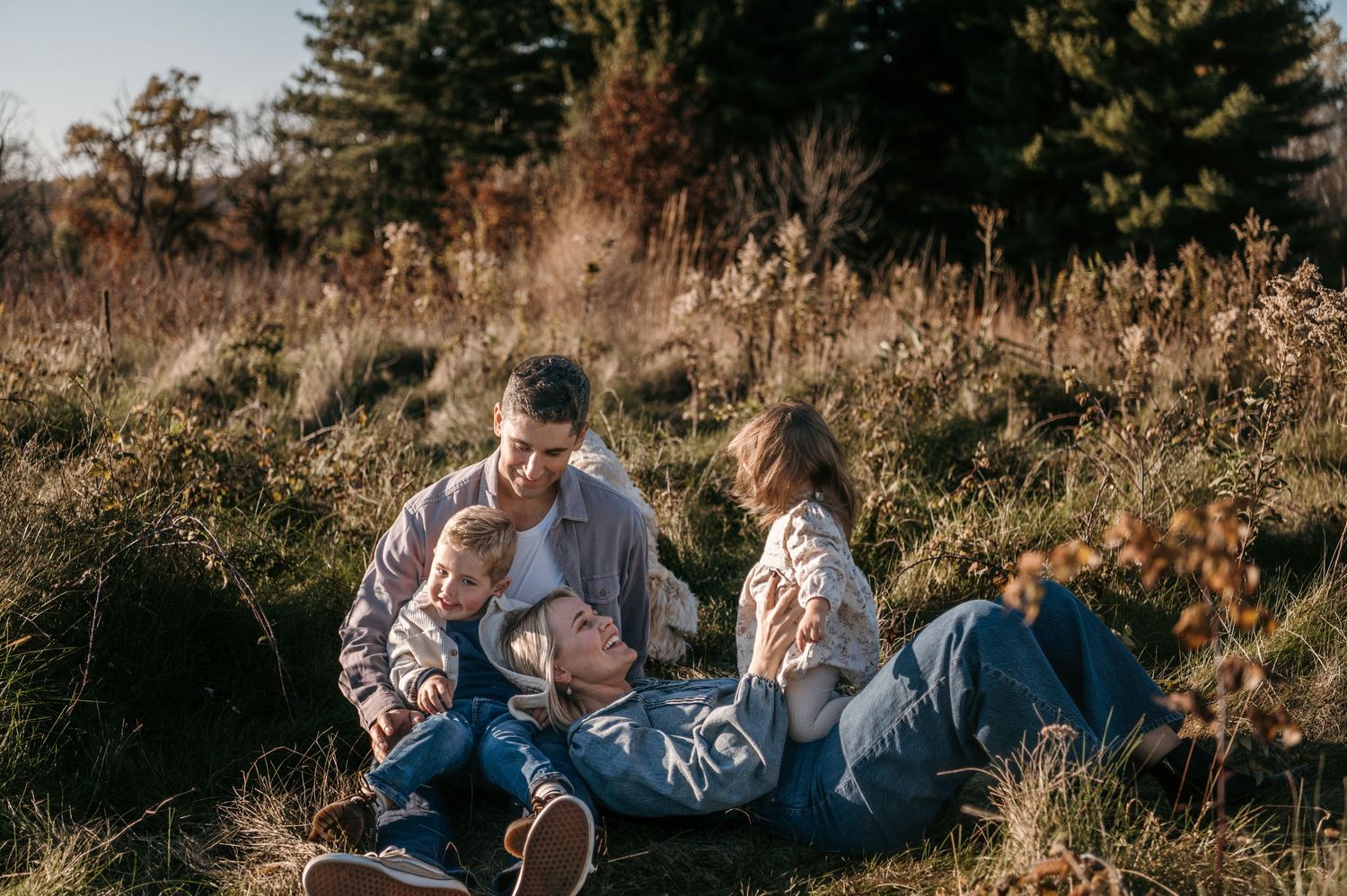 Family of four relaxing together in a sunny autumn meadow with tall grass. Hudson, Wisconsin.