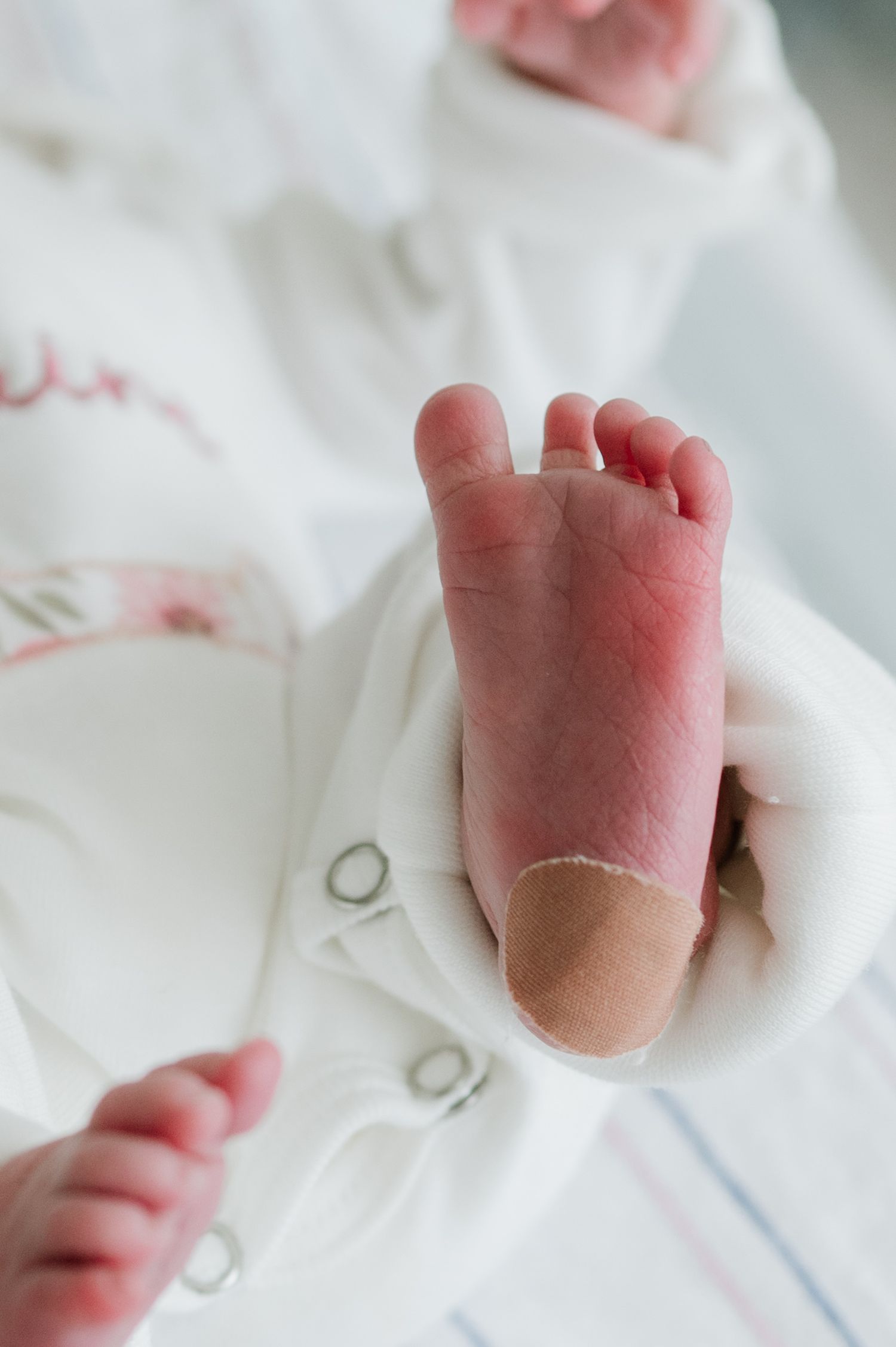 Close-up of a newborn baby foot with hospital identification band on white blanket. Fresh 48 hospital photos.