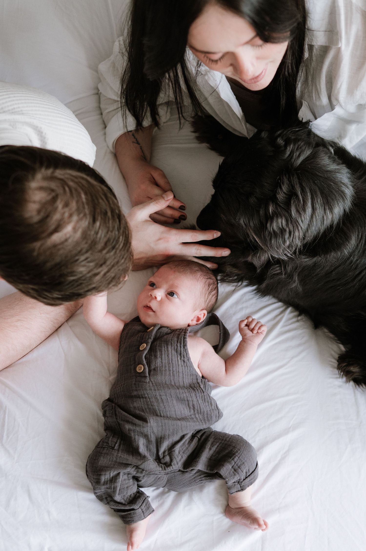 Aerial view of parents and black dog surrounding newborn baby on white bed.