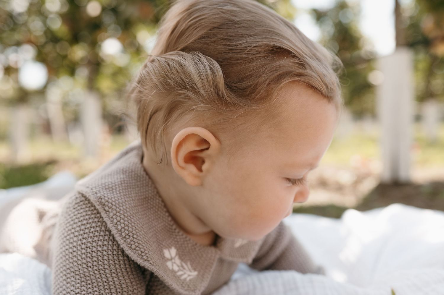 A close-up profile of a cute baby with fine hair wearing a knit sweater, looking downward. 6 month photography. Wisconsin. Minnesota.