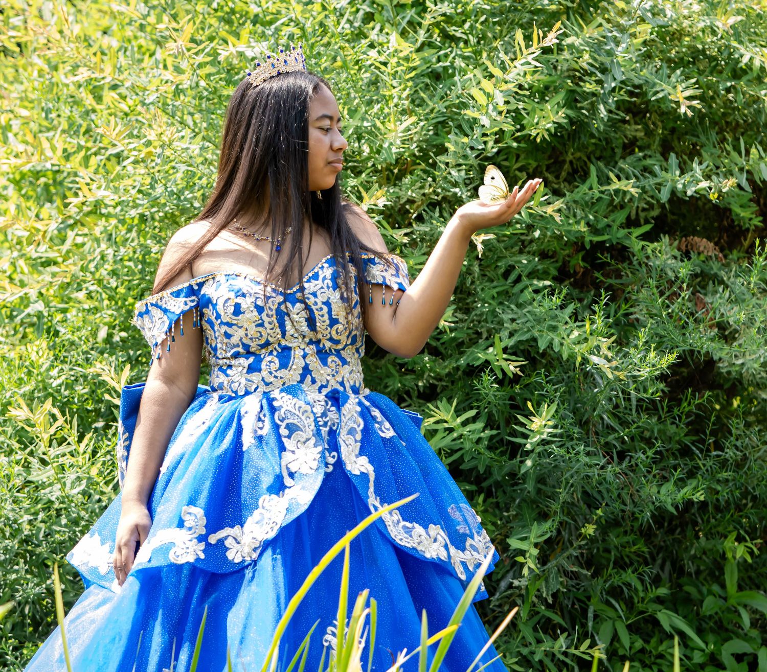 Young woman in a blue lace-trimmed quinceañera gown and tiara reaches toward a small butterfly among green foliage.