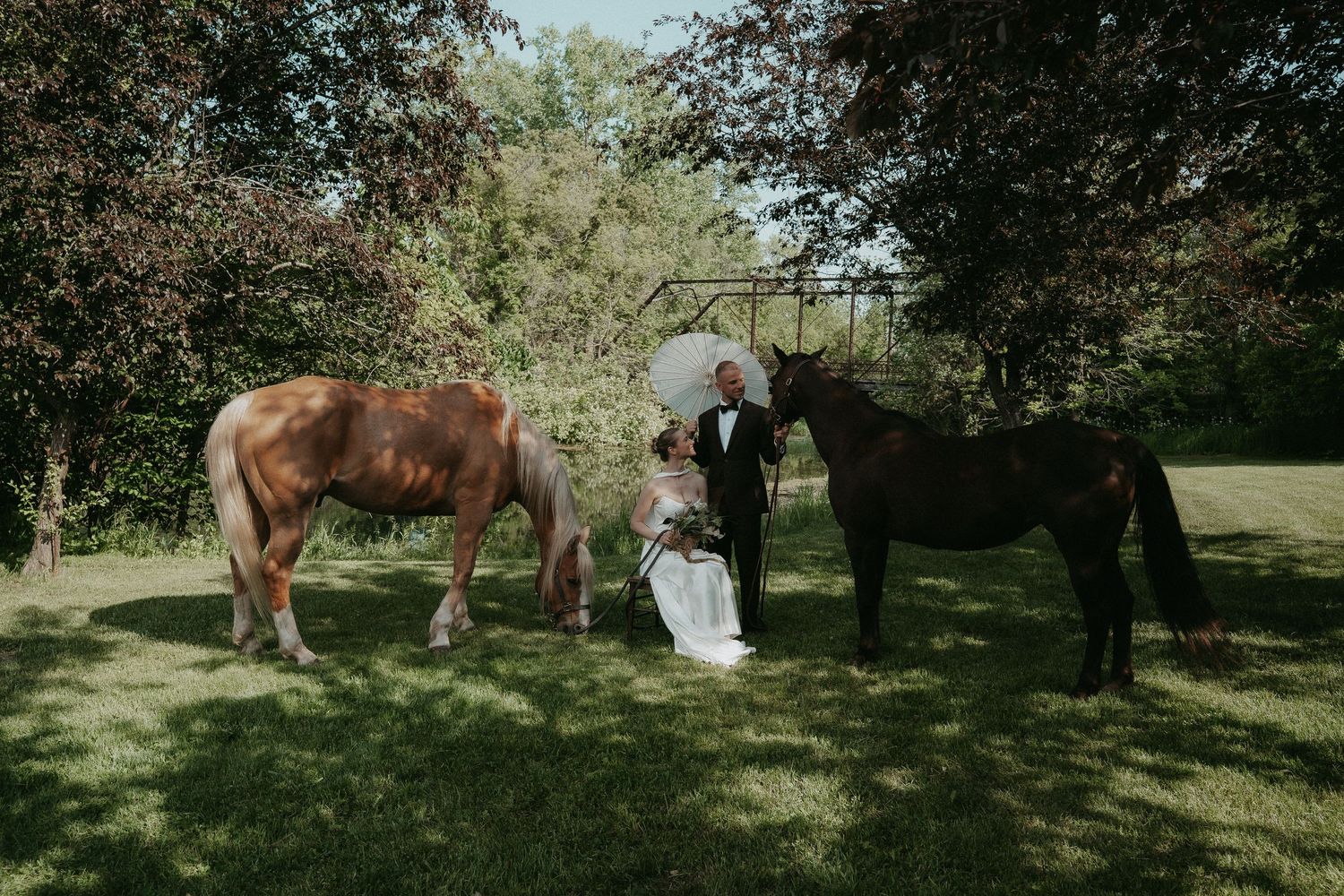 Bride and groom stand between two horses on lush green grass surrounded by trees on their wedding day.