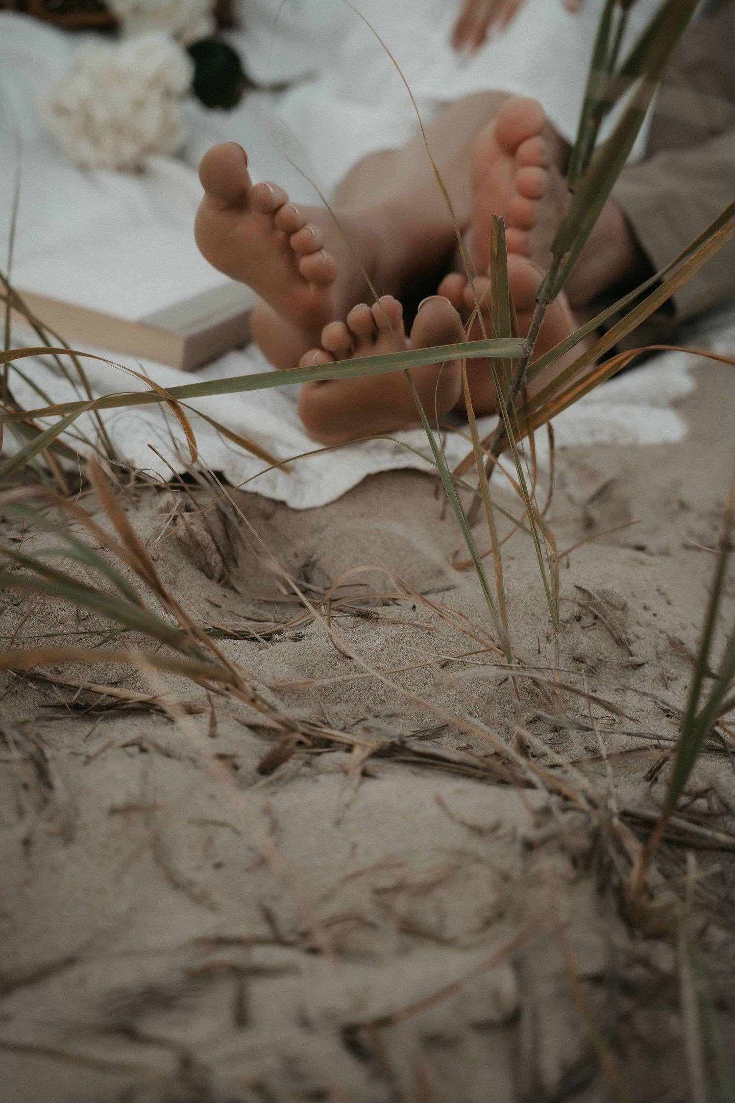Close-up view of tiny baby feet resting on sandy beach with grass blades in soft natural lighting.