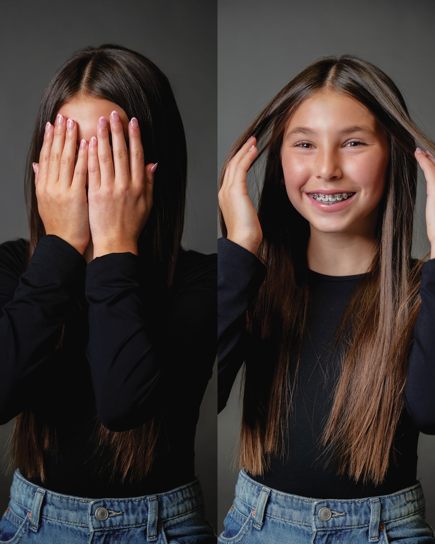 A sequence of photos showing someone in a black sweater and jeans covering and uncovering their face against a dark background.