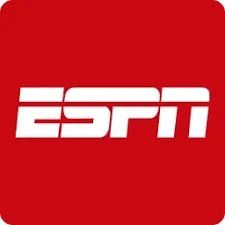 White ESPN logo on a red square background showing the iconic sports network branding.