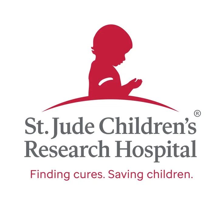 Three St. Jude Children's Research Hospital logos in red and white with the tagline Finding cures, Saving children.