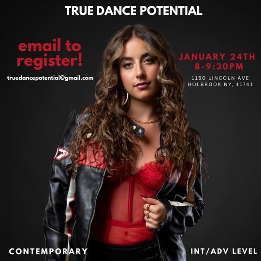 Dance promotional banner showing contemporary style dancer in red top and leather jacket against dark background.