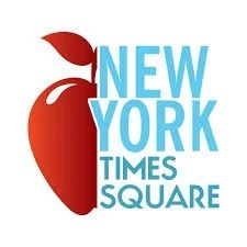 Modern logo design combining a red apple with blue text reading 'New York Times Square' in a minimalist style.