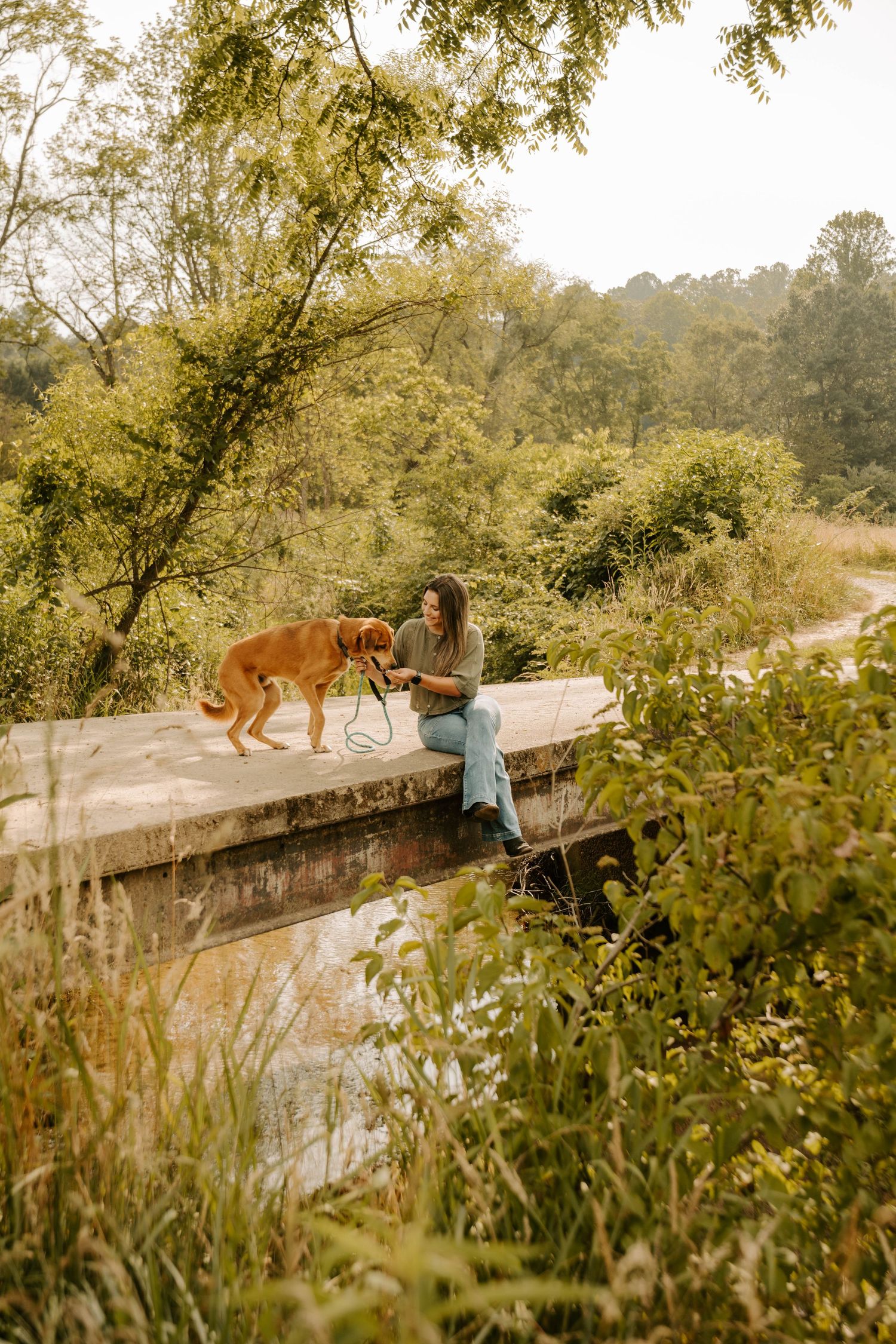 A person and a golden retriever dog walking together on a rustic wooden bridge surrounded by lush greenery and trees.