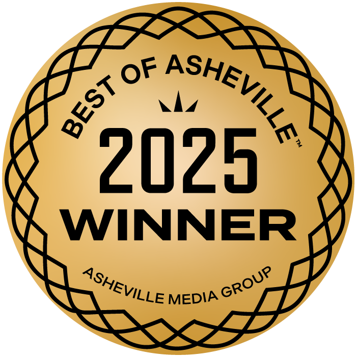 A series of golden oval award badges from Asheville Media Group showing years 2025 and other winners.