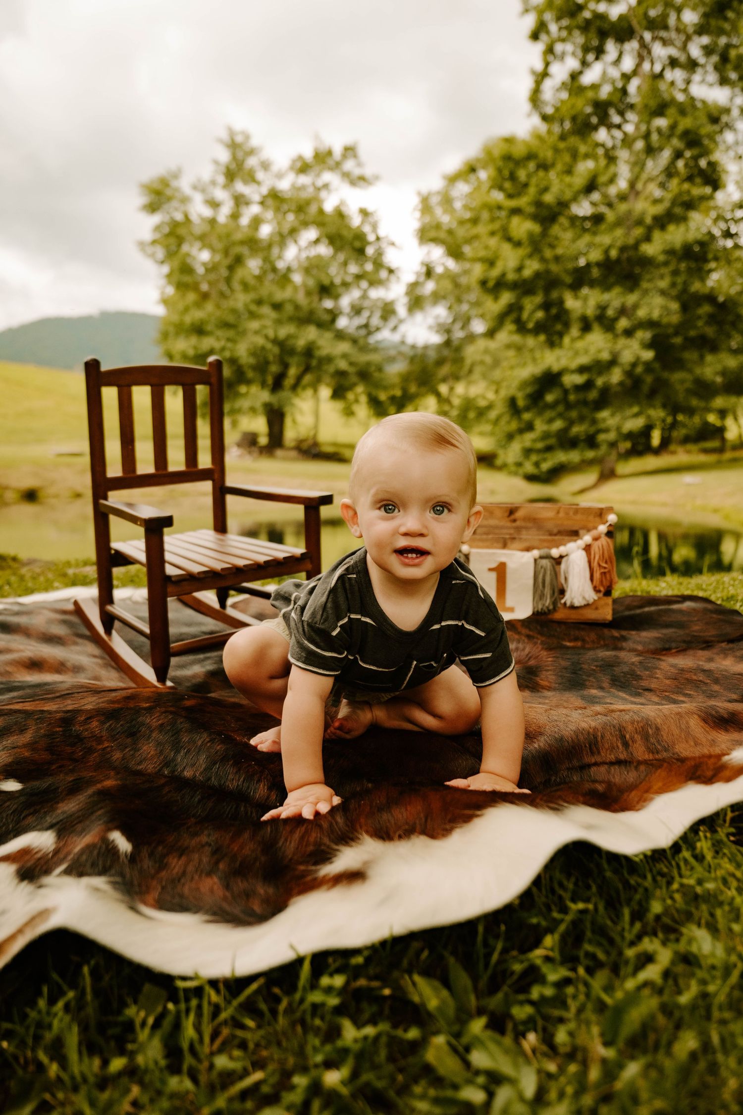 Rustic outdoor scene with wooden rocking chair and cowhide blanket on grassy hillside during golden hour.