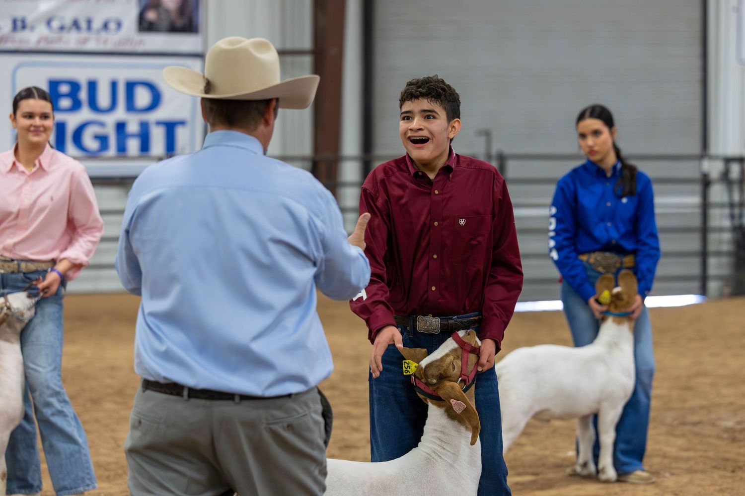 Participants and judges gather during a livestock show competition with goats.