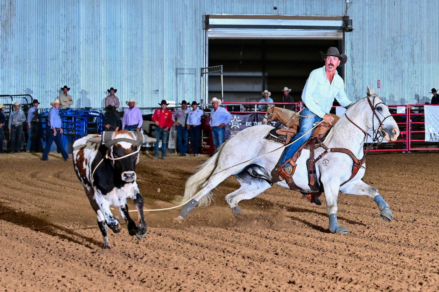 Cowboy on white horse chasing steer during rodeo competition in dirt arena at night.