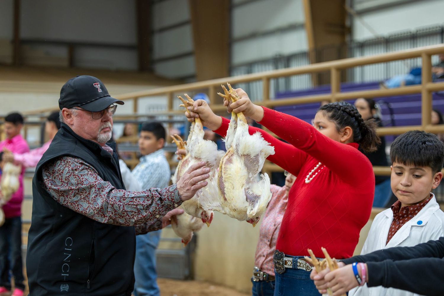 Group of participants handling white chickens during a youth livestock show event