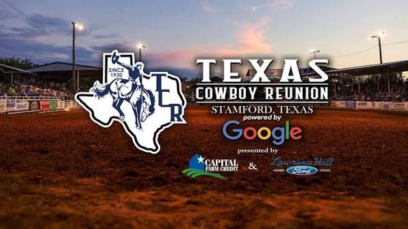 Texas Cowboy Reunion rodeo event in Stamford, Texas, powered by Google, featuring a dirt arena under evening lights.