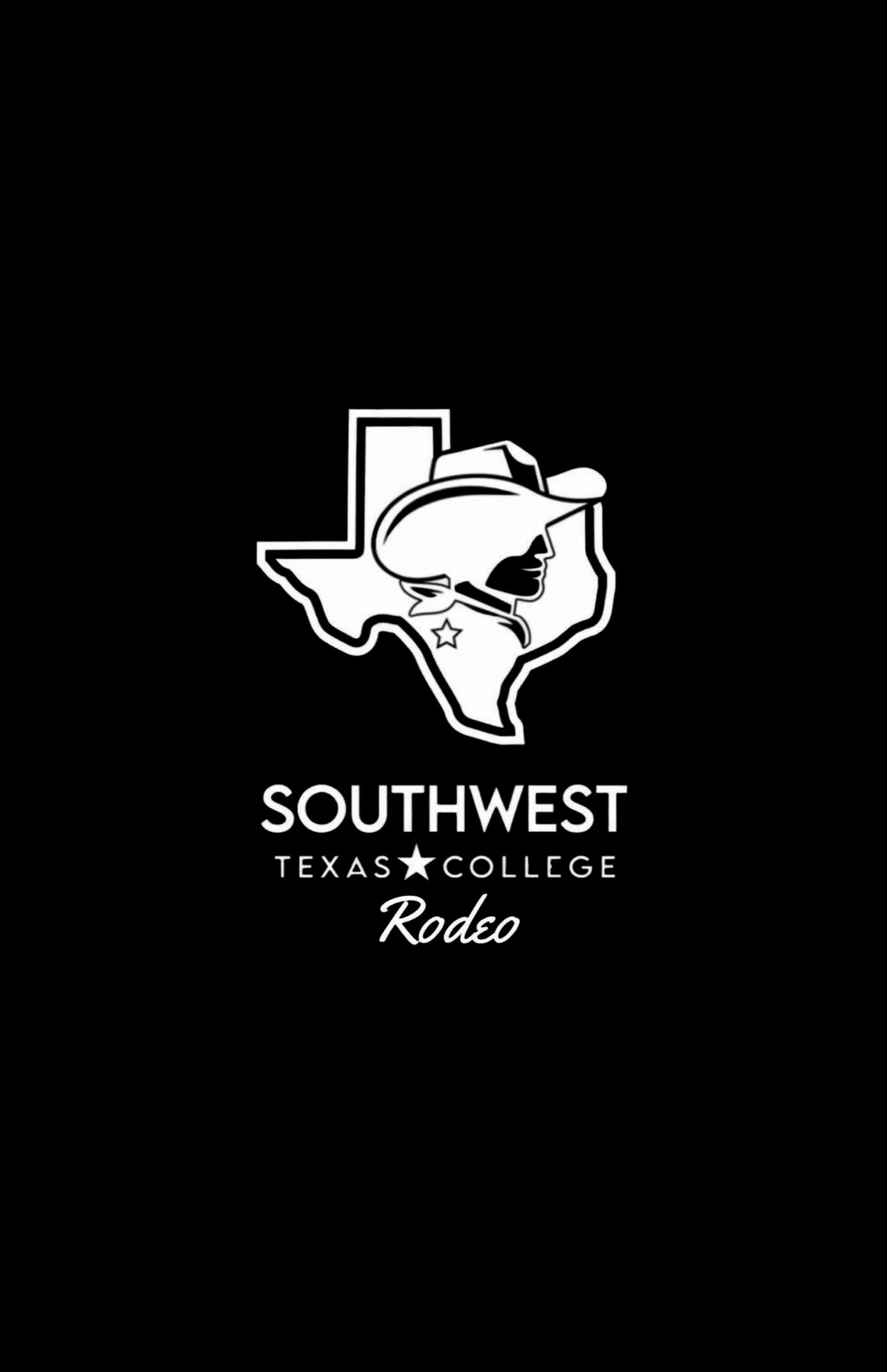 Southwest Texas College Rodeo logo featuring a cowboy skull inside Texas state outline on black background.